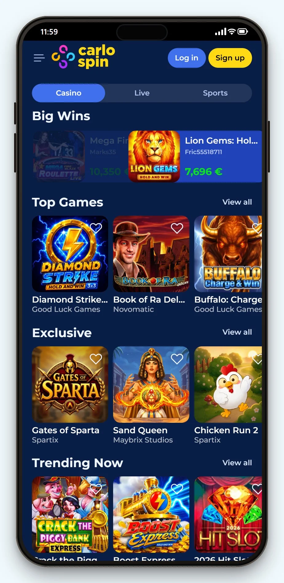 instant banking casino: CarloSpin mobile lobby