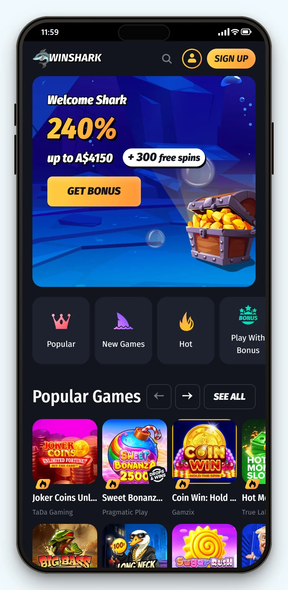 instant bank transfer casino: WinShark mobile lobby