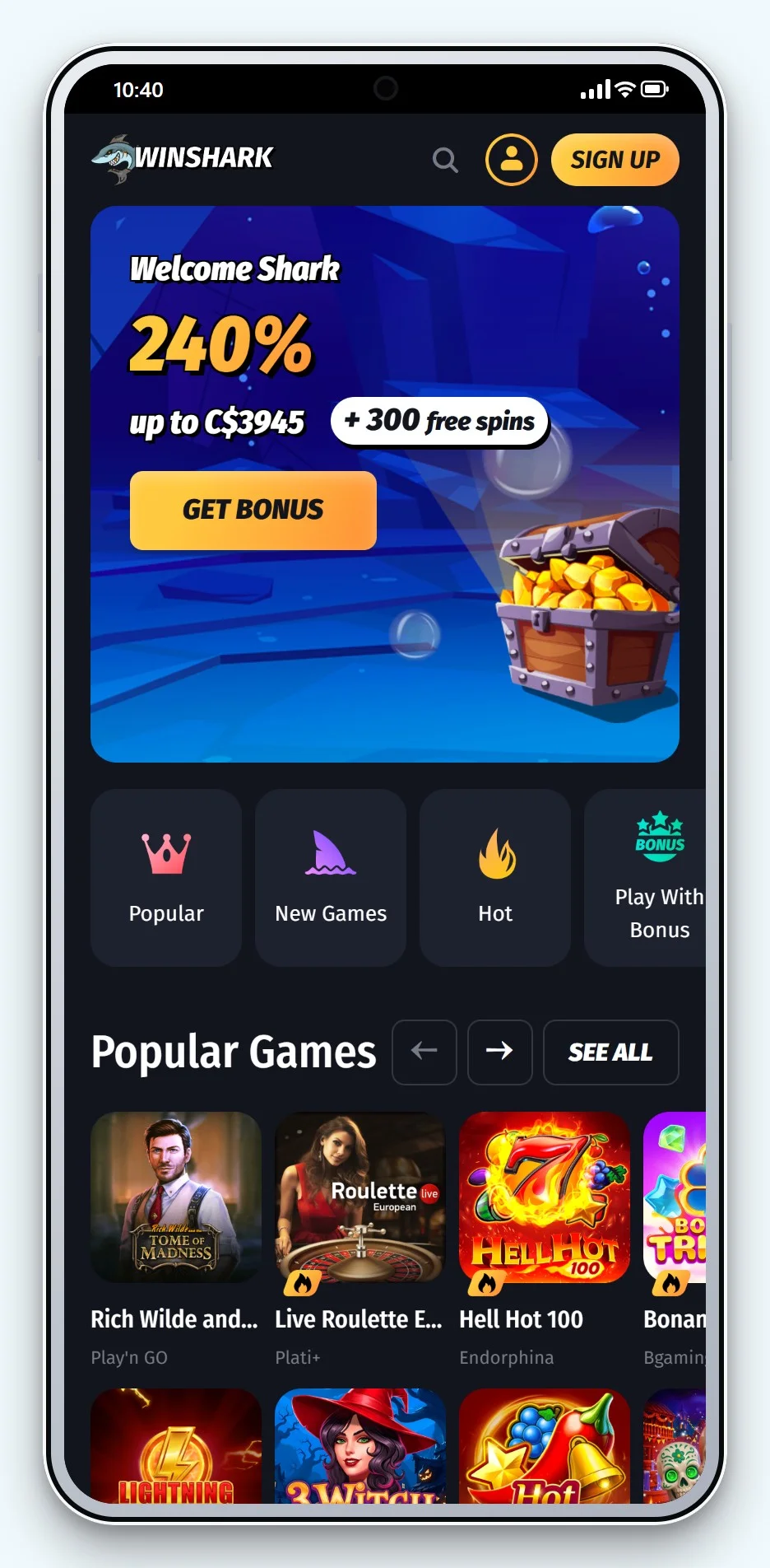 wire transfer casino: WinShark mobile lobby