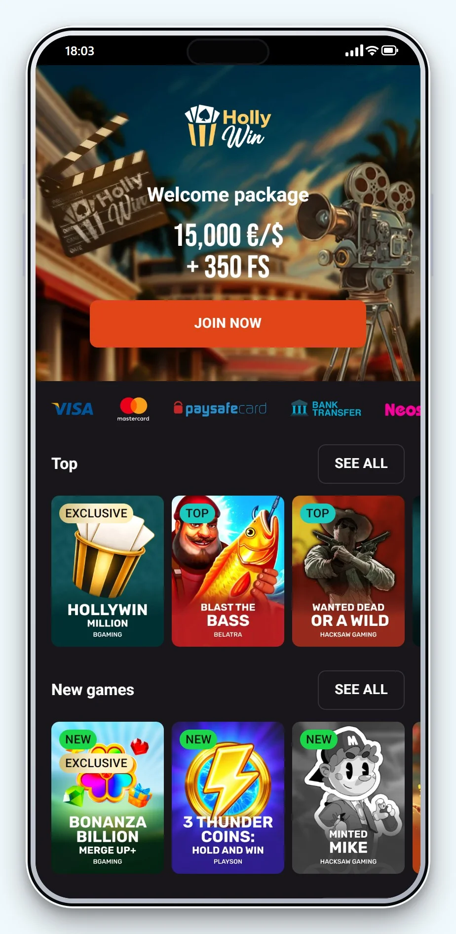 casinò con bonifico: lobby mobile di Hollywin