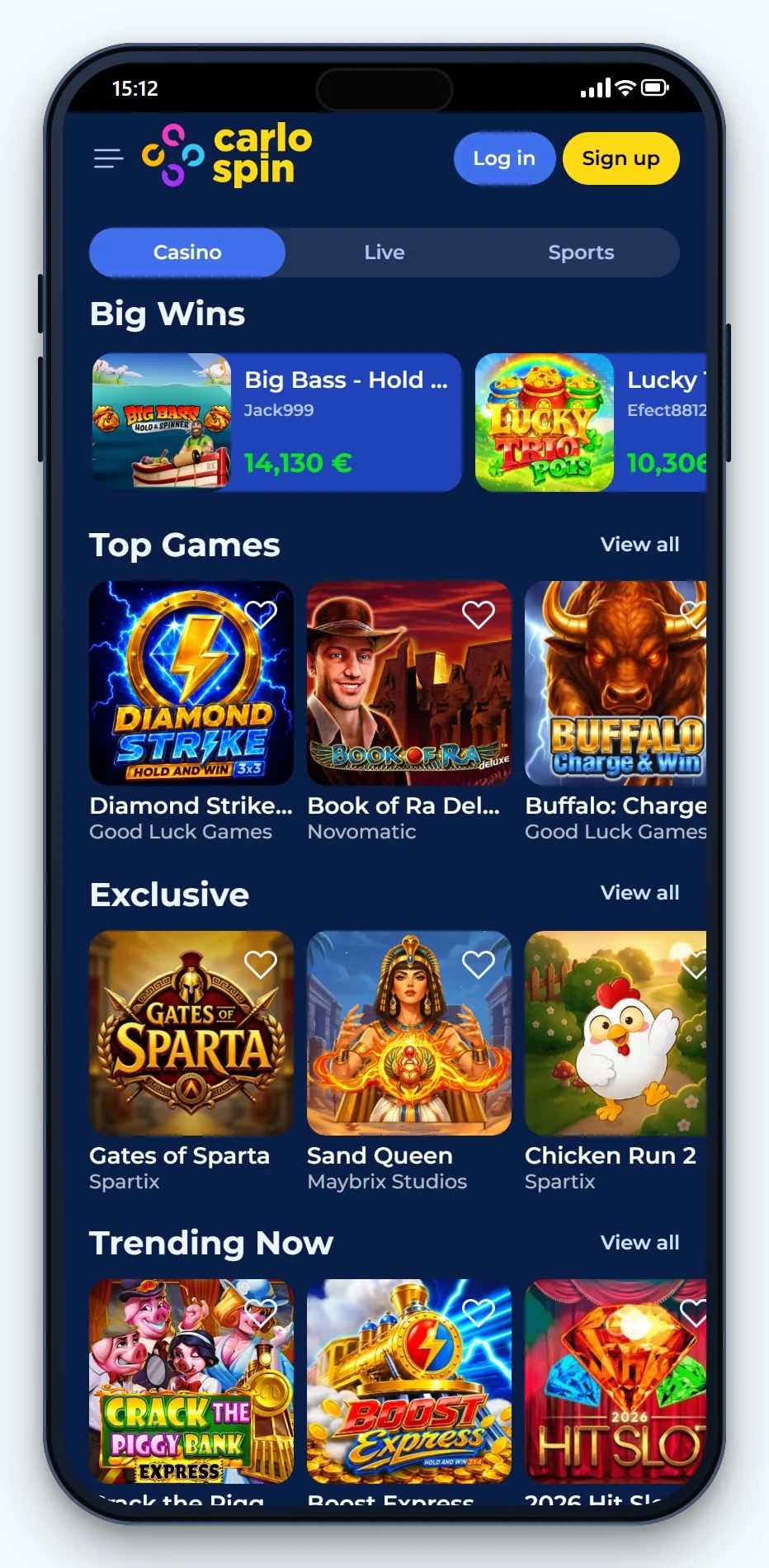 bankoverschrijving casino: mobiele lobby van CarloSpin