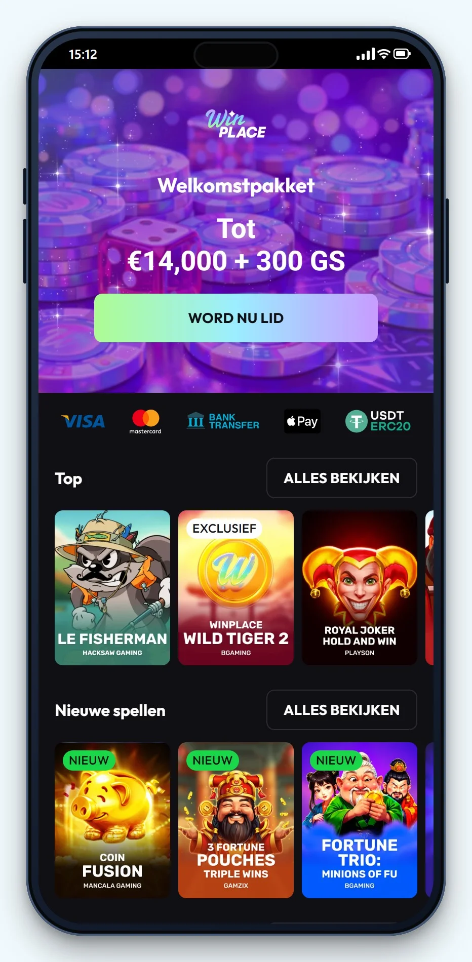 online casino sepa: mobiele lobby van WinPlace