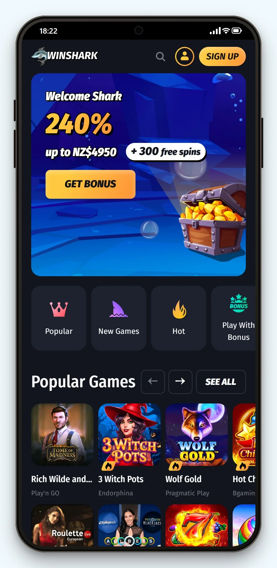 bank transfer casino: WinShark mobile lobby